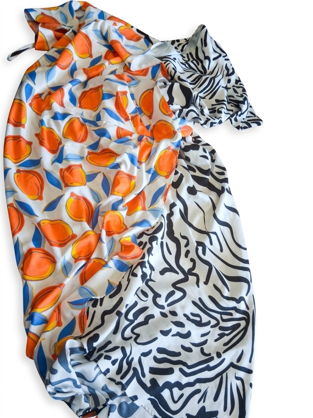 Donna Morgan White Maxi Dress with Orange and Blue Floral & Black Zebra Panels